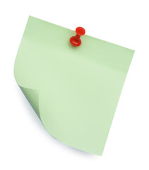 Blank light green note pinned on white background, top view