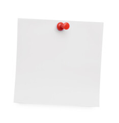Blank note pinned on white background, top view