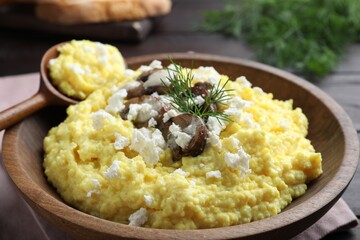 Delicious traditional banosh in bowl, closeup view