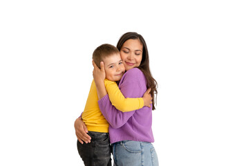 Happy young mother with her little son on a white isolated background. interracial family. The concept of a happy family, motherhood. portrait mom and baby