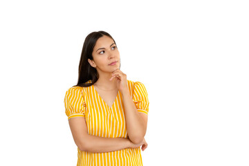 young brunette woman thinks an idea or a thought on a white isolated background. the concept of...