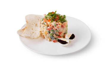 Olivier salad with carrots, peas, potatoes, meat, rucola, salmon caviar, boiled egg and bread