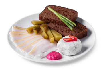 Pieces of bacon with black bread, pickled cucumbers, pepper, horseradish and butter