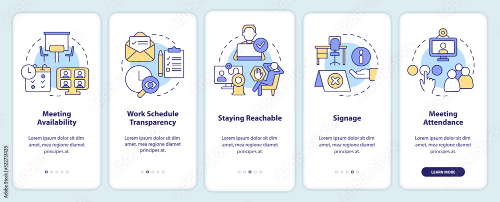 Poster work locations and schedules onboarding mobile app screen. walkthrough 5 steps editable graphic inst