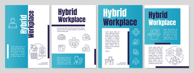 Hybrid workplace blue brochure template. Work schedule. Leaflet design with linear icons. Editable 4 vector layouts for presentation, annual reports. Anton, Lato-Regular fonts used - obrazy, fototapety, plakaty