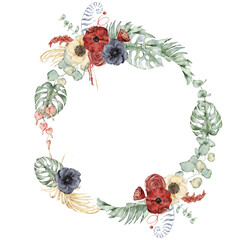 Watercolor wreath with anemone flowers, eucalyptus and monstera leaves. Hand drawn illustration