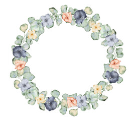 Watercolor wreath with anemone flowers and eucalyptus leaves. Hand drawn illustration