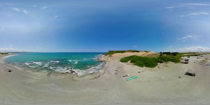 Beach with fishing boats and blue sea. 360 panorama VR. Paoay Sand Dunes, Ilocos Norte, Philippines.
