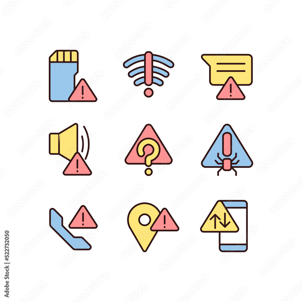 Poster common electronic device issues pixel perfect rgb color icons set. warning signal. computer problem.