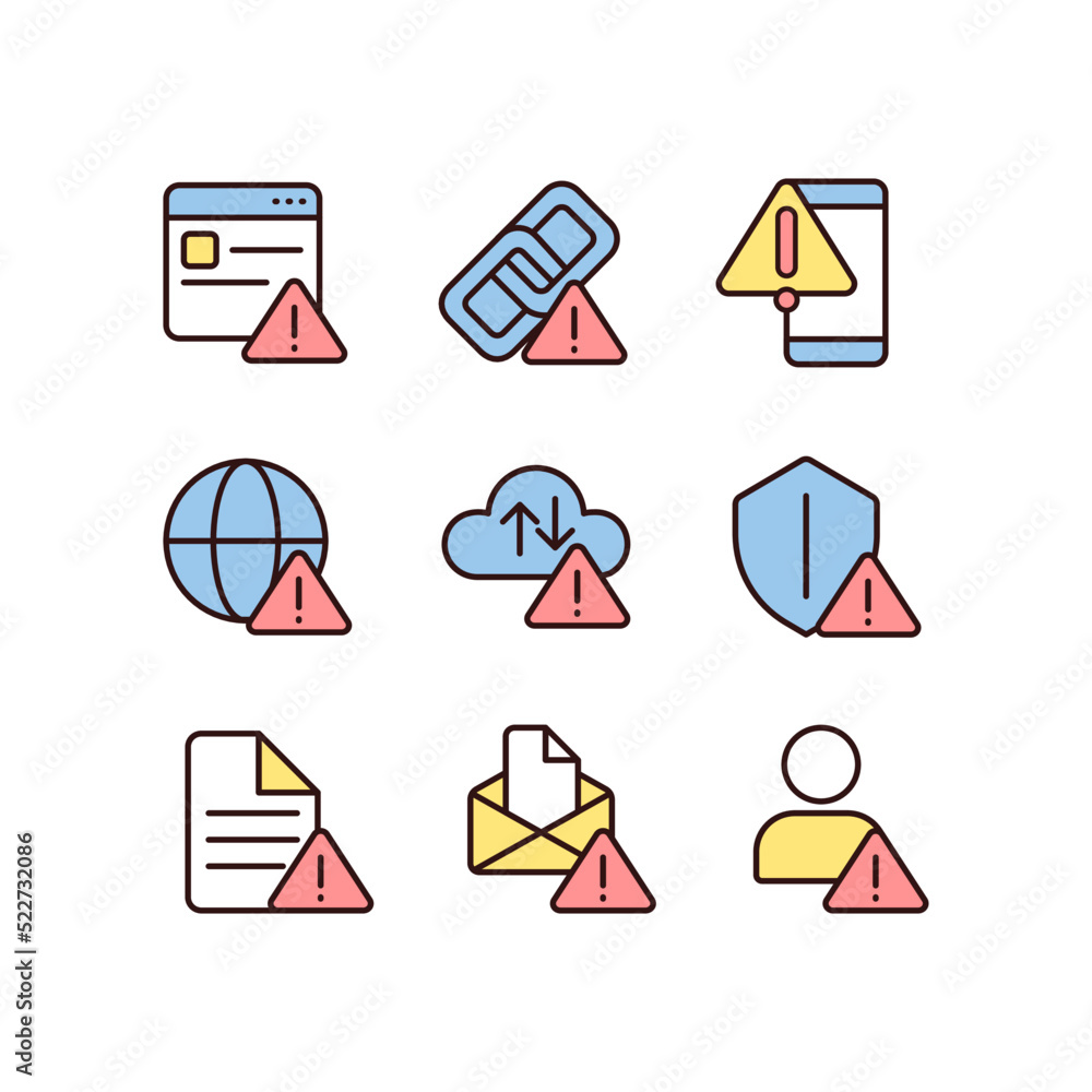 Poster network connect issues pixel perfect rgb color icons set. access problem. internet connection interr
