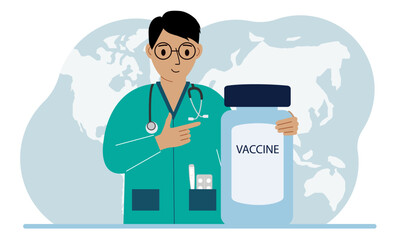 Pandemic, vaccination and health concept. Doctor with a bottle of vaccine.