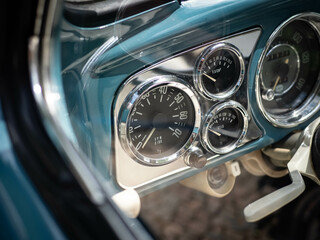 Fototapeta Dashboard and steering wheel of old-timer car
 obraz