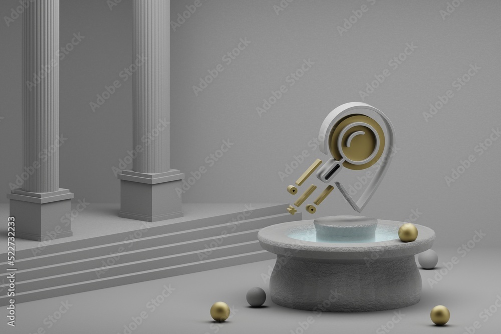 Poster Beautiful abstract illustrations Location symbol icon on a fountain and column background. 3d rendering illustration.