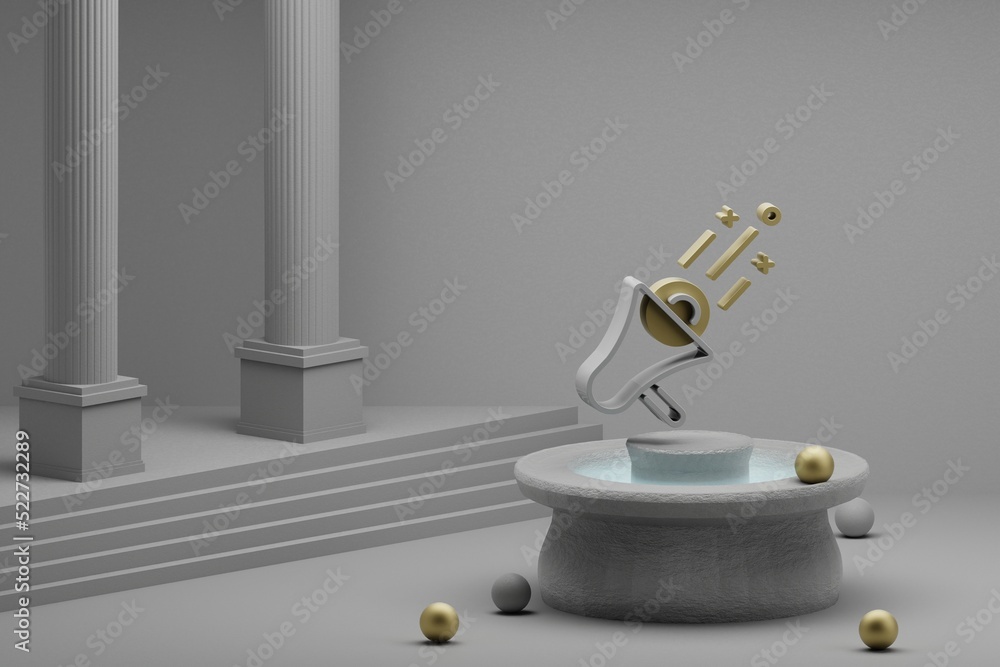 Aufkleber Beautiful abstract illustrations Loud Speaker symbol icon on a fountain and column background. 3d rendering illustration.