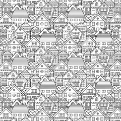 Hand drawn linear houses seamless pattern. Cartoon buildings background