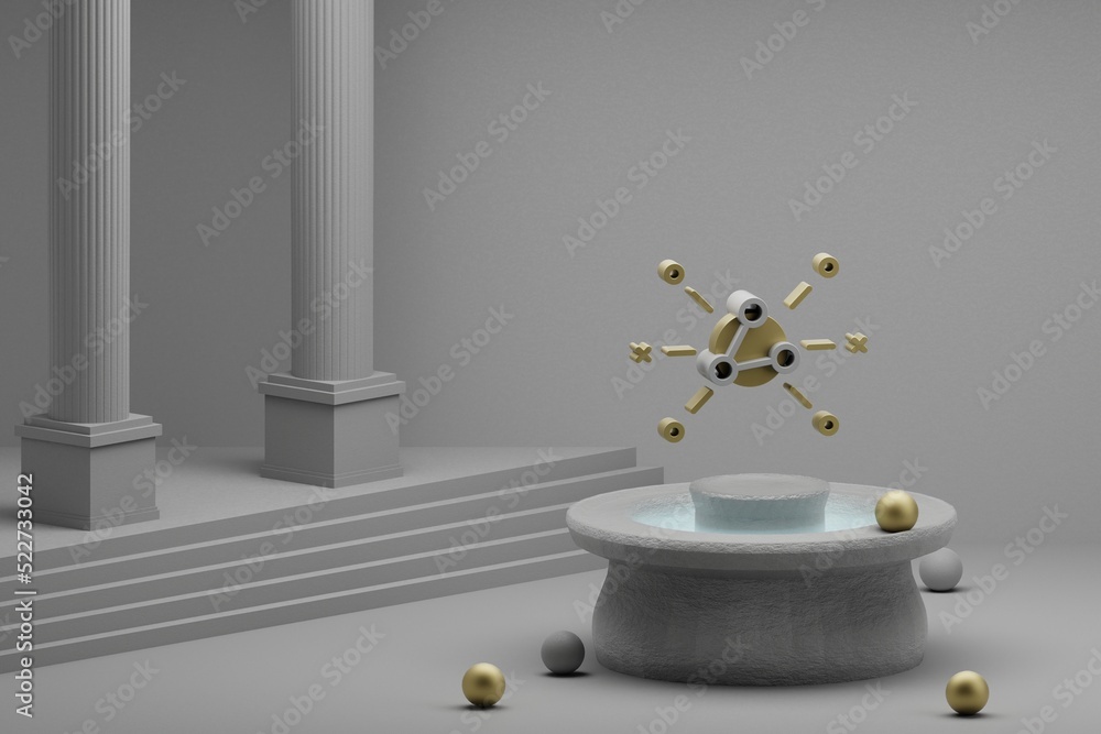 Poster Beautiful abstract illustrations Share symbol icon on a fountain and column background. 3d rendering illustration.