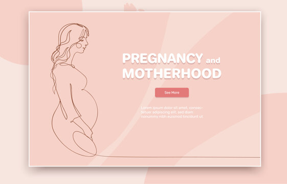 Pink tender banner of pregnancy and motherhood. Cute pregnant woman smiling side view. Landing page with text. Vector line illustration.