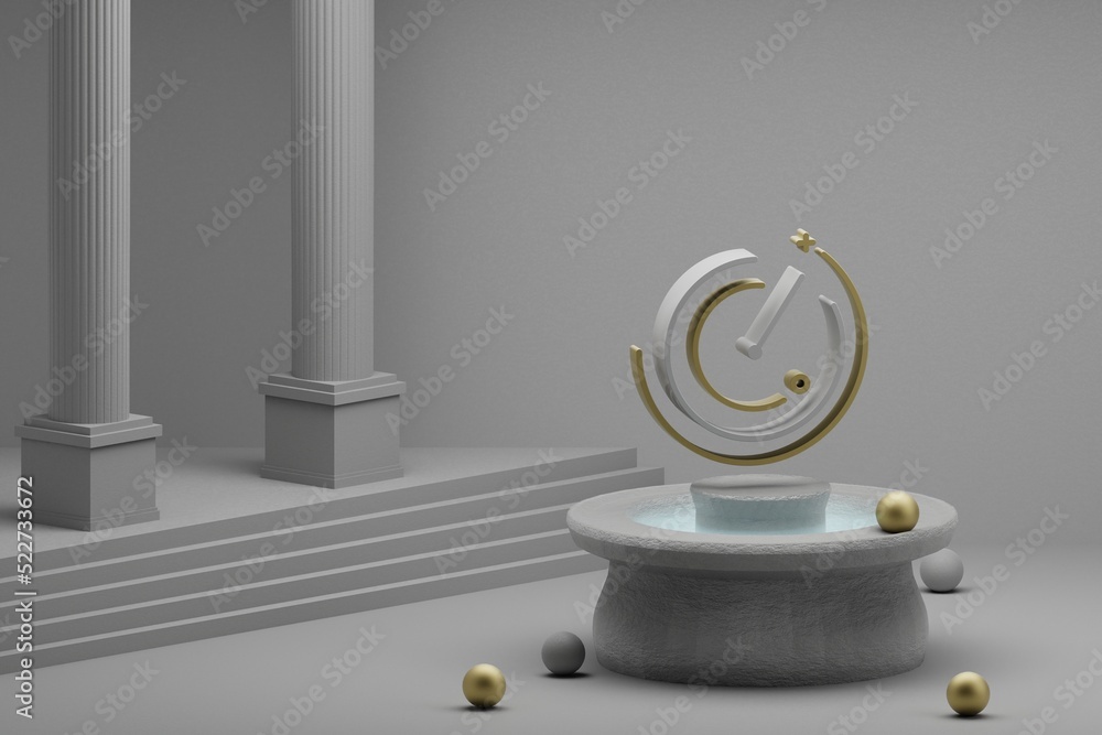 Poster Beautiful abstract illustrations Time symbol icon on a fountain and column background. 3d rendering illustration.