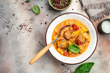 stewed vegetables with meat, banner, menu, recipe place for text, top view
