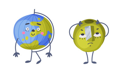 Set of funny school supplies characters. Globe and pencil sharpener stationery mascots with cute faces cartoon vector illustration