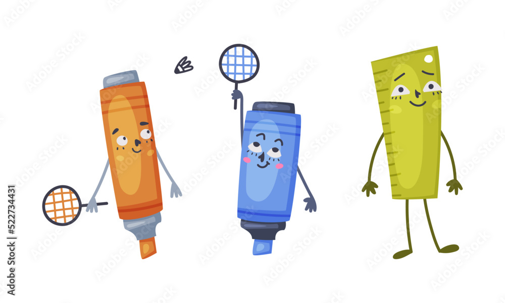 Poster Set of funny school supplies characters. Highlighter, crayon, ruler stationery mascots with cute faces cartoon vector illustration