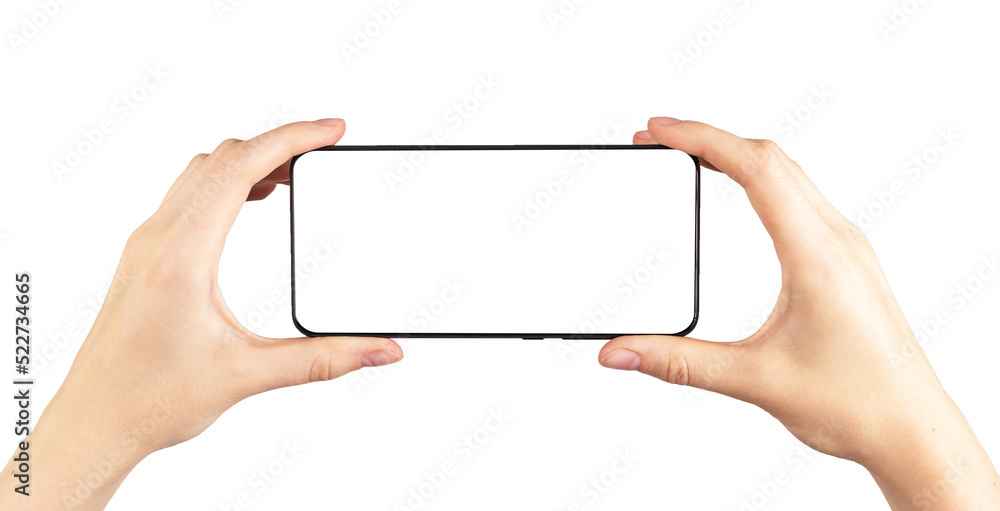 Poster hands holding phone mockup in horizontal position isolated on white background. woman using smartpho