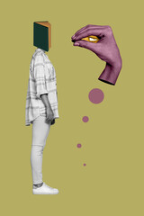 Vertical collage image of girl black white colors book instead head speak huge flying arm isolated...