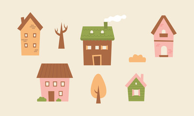 Fototapeta premium Cute tiny houses. Cartoon small town houses, minimalism city buildings. Autumn landcapes vector illustration set.