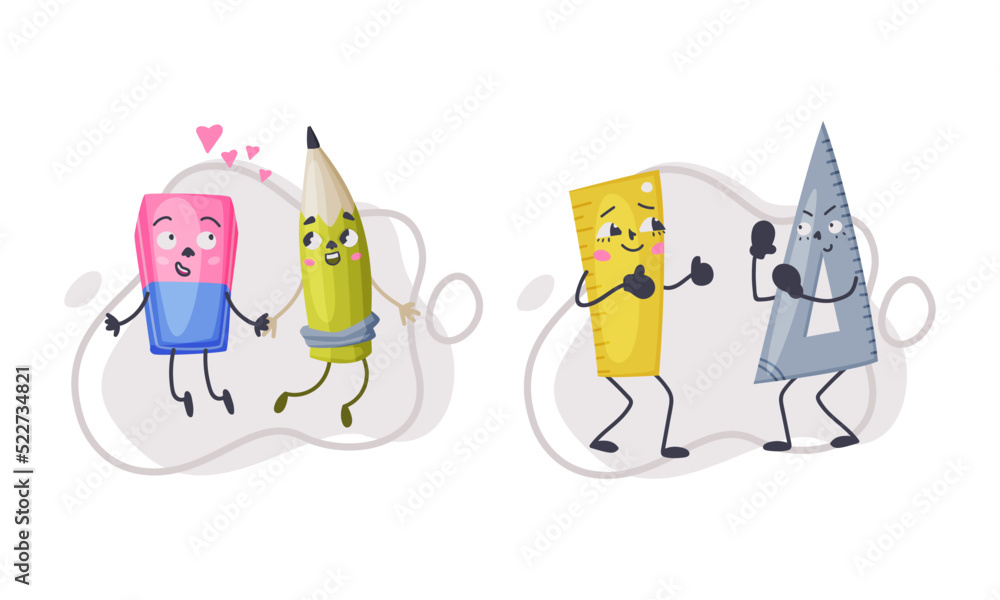 Sticker Set of funny school supplies characters. Pencil and sharpener, ruler and triangle are best friends cartoon vector illustration