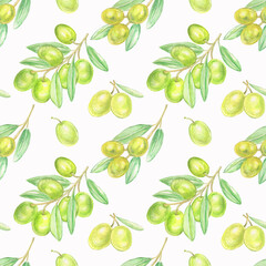 Watercolor seamless pattern from green olives on white background.Good for textile,kitchen design,tablecloth.