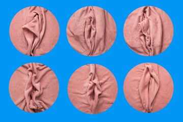 Pink soft fabric shaped as female genital organs, collection of different vulva shapes - obrazy, fototapety, plakaty