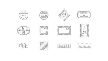 Minimal postal stamp icon set. Outline mail stamp collection. Simple line vector illustration.	
