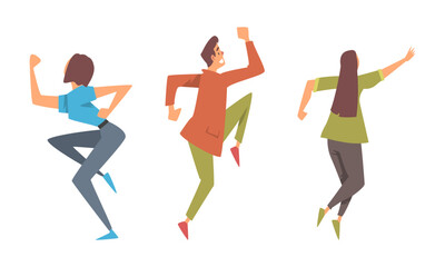 Set of happy jumping people. Rejoicing people in casual clothes cartoon vector illustration