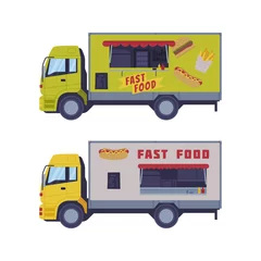 Fotobehang Set of dood trucks. Side view of vans for street food selling cartoon vector illustration © topvectors
