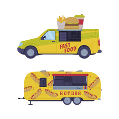 Set of dood trucks. Van and trailer for street food selling cartoon vector illustratio