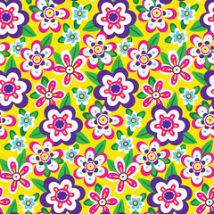 Seamless pattern, bright ditsy print in retro style. Botanical background with hand drawn decorative plants, small flowers, leaves in an abstract composition. Colorful surface design. Vector.