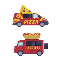 Set of dood trucks. Vans for pizza and hotdog selling cartoon vector illustration