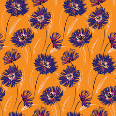 Seamless pattern with sketch plants. Bright floral print, retro style botanical background with large blue flowers, leaves on yellow. Artistic design of flower surface. Vector.