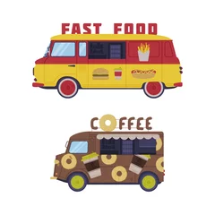 Fotobehang Set of dood trucks. Vans for coffee and fast food selling cartoon vector illustration © topvectors