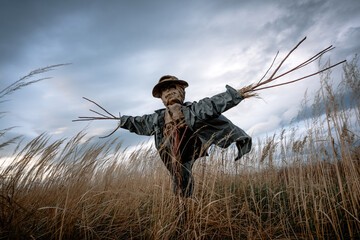 Scary scarecrow in a hat and coat on a evening autumn field. Spooky Halloween holiday concept....