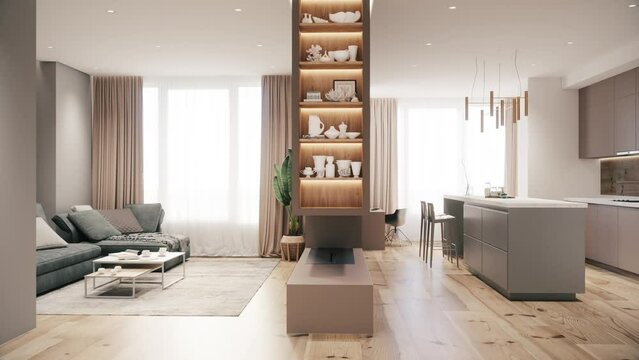Modern interior of apartment. Contemporary interior design of the living room. 3d visualization
