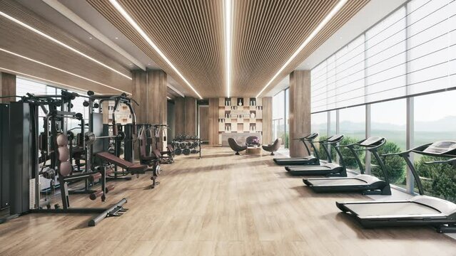 Empty modern gym interior with sports equipment. Gym with various exercise machines. 3d visualization