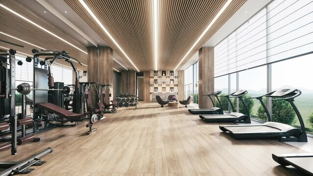 Sports equipment in the gym Barbells of different weight on rack. Design and equipment in modern gym. 3d visualization