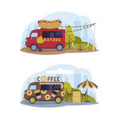 Hotdog and coffee truck vehicles for selling food in parks, street markets and fairs set cartoon vector illustration