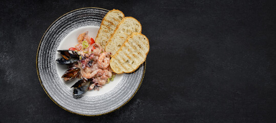 Seafood mix with vegetables in cream sauce. Banner