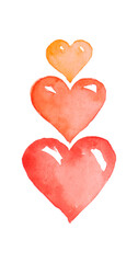 Hand drawn three watercolor love heart isolated on white. I love you.