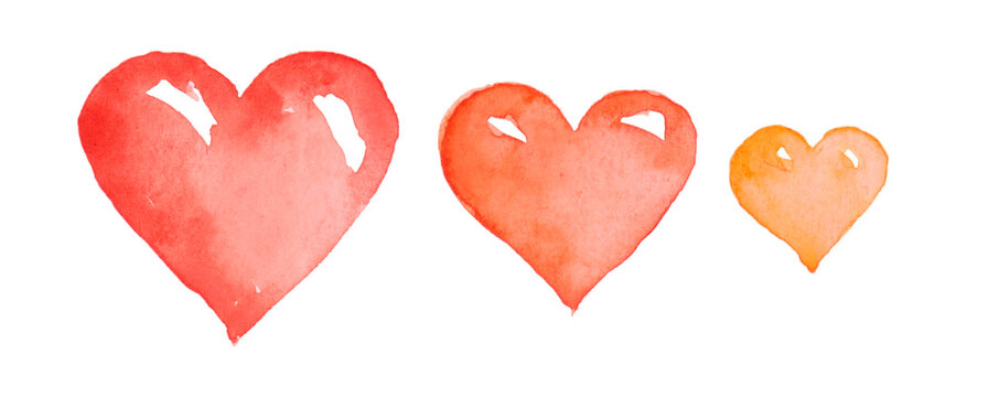 Watercolor image with three hearts of different shades of red color. Even row of colorful hearts isolated on white background. Illustration for St. Valentine's day hand drawn on textured paper