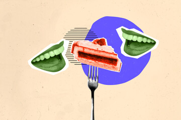 Composite collage picture of two people mouth toothy beaming smile fork hold piece cake isolated on...