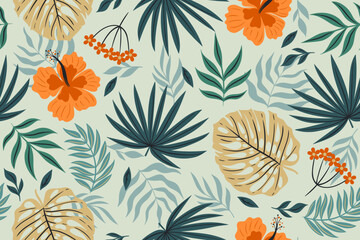 Seamless pattern with tropical leaves. Vector graphics.