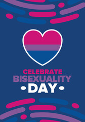 Celebrate Bisexuality Day. Bisexual Pride and Bi Visibility Day. Bisexual flag. Coming out. Celebrated annual in September 23. Festival and parade. Poster, card, banner, template, background. Vector